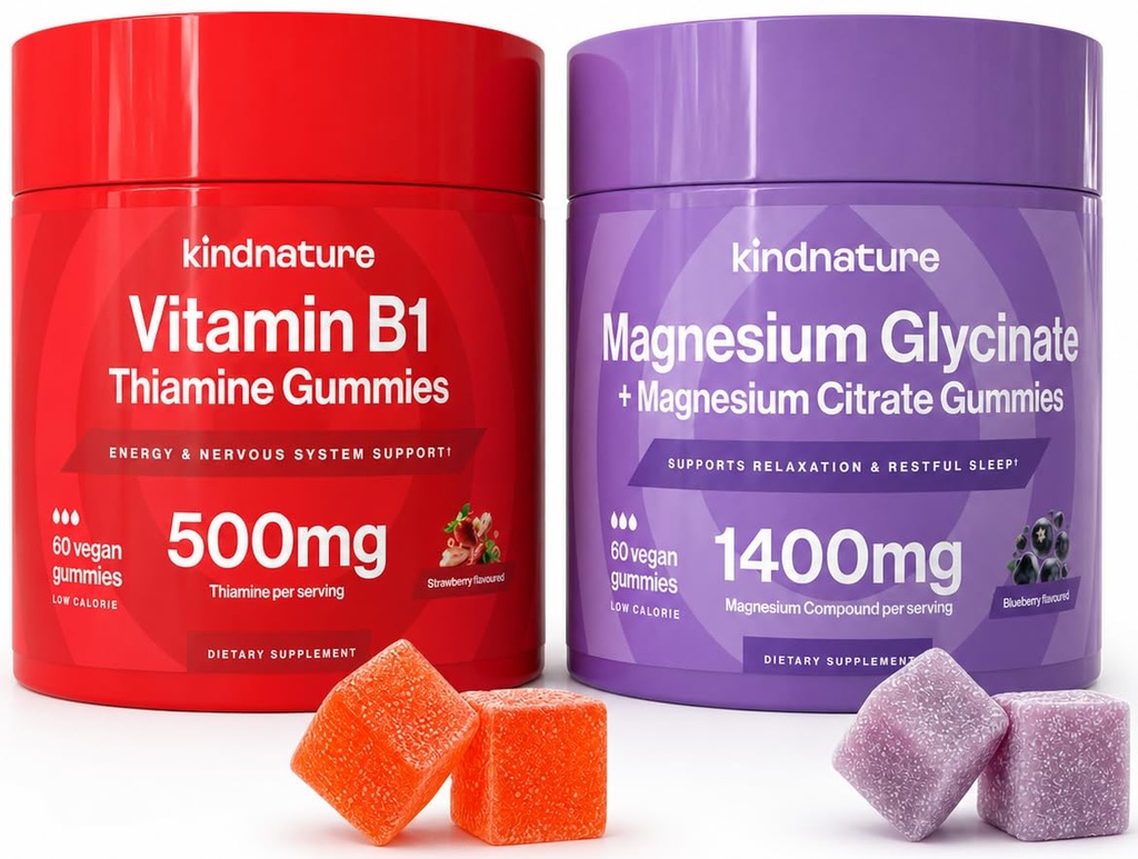 KINDNATUUR Power Duo: Magnesium & Vitamine B1 Gummies Bundel Verbeterde Energie & zenuwondersteuning, Heerlijk & Kauwbaar