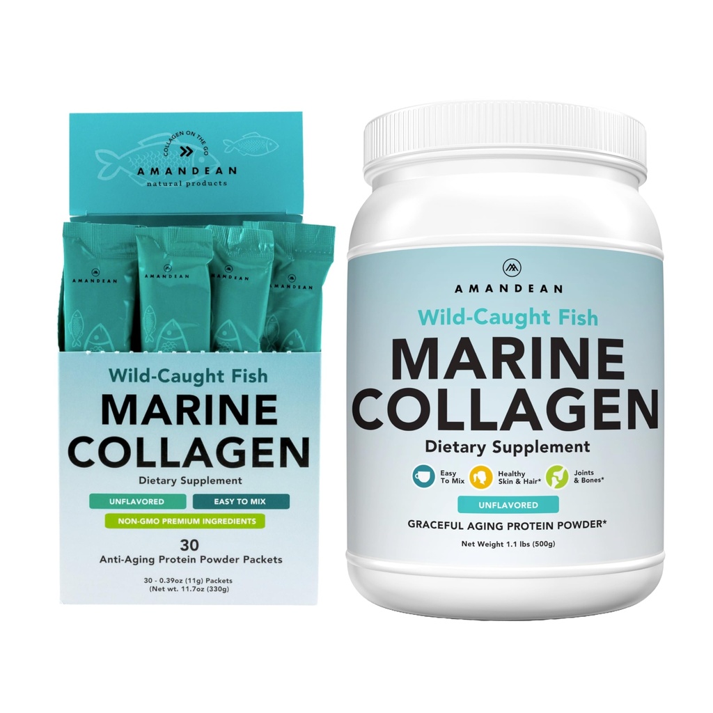 Amandean Marine Collagen Duo. 500g Conteneur + 30 Packs de Voyage. Peptides de collagène de poisson hydrolysé pour la peau, les cheveux et les ongles. Pescatarian, Keto & Paléo-Amis, Non aromatisé