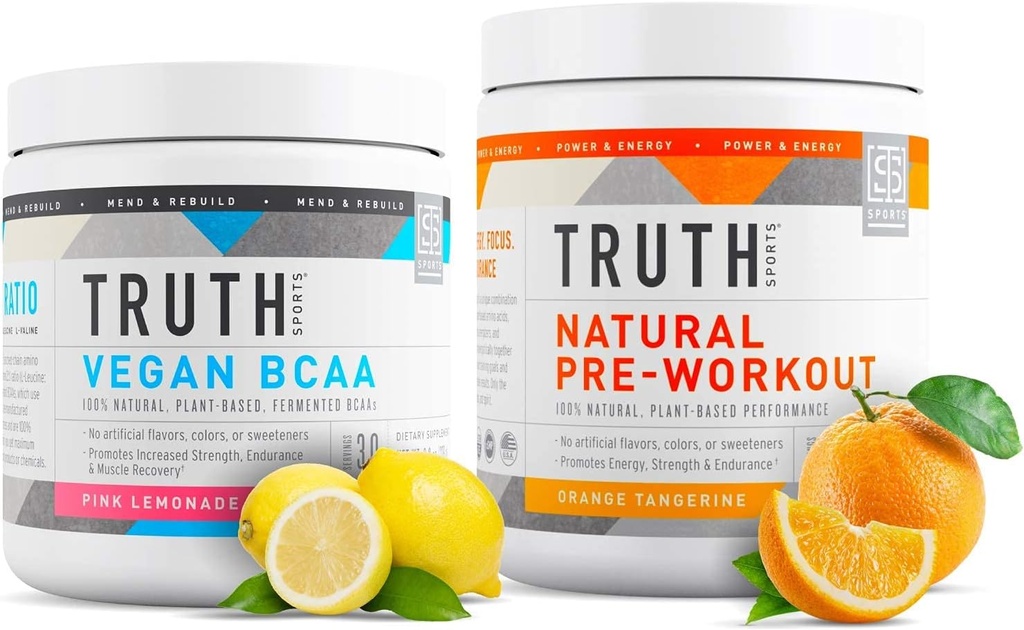 Truth Nutrition Natural Atlete Workout Stack - Vegan BCAA (Pink Lemonade) + Natural Preworkout (Orange Tangerine)