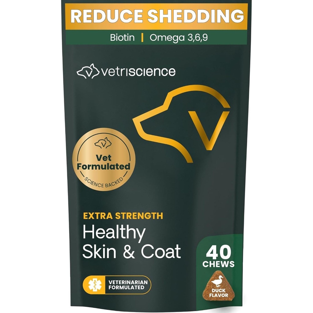 VetriScience Extra Sterkte Gezonde huid & Coat Kauwen, Omega Plus Supplement voor honden, met Balanced Omega 3, 6, 9, Fish Oil en Biotin, Skin Health, Coat Growth and Shine, Duck, 40 Tel.