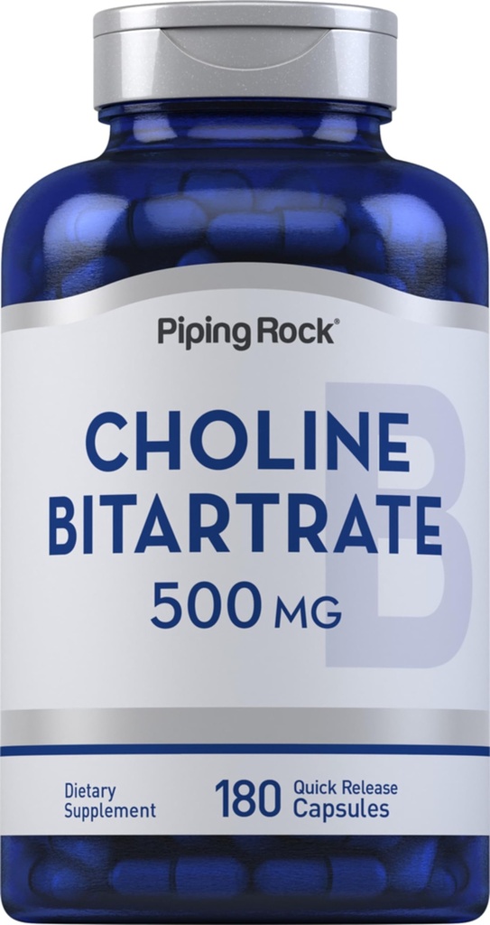 Piping Rock Choline Bitrate 500mg 180 Capsules Non-GMO, Glutenvrij Supplement