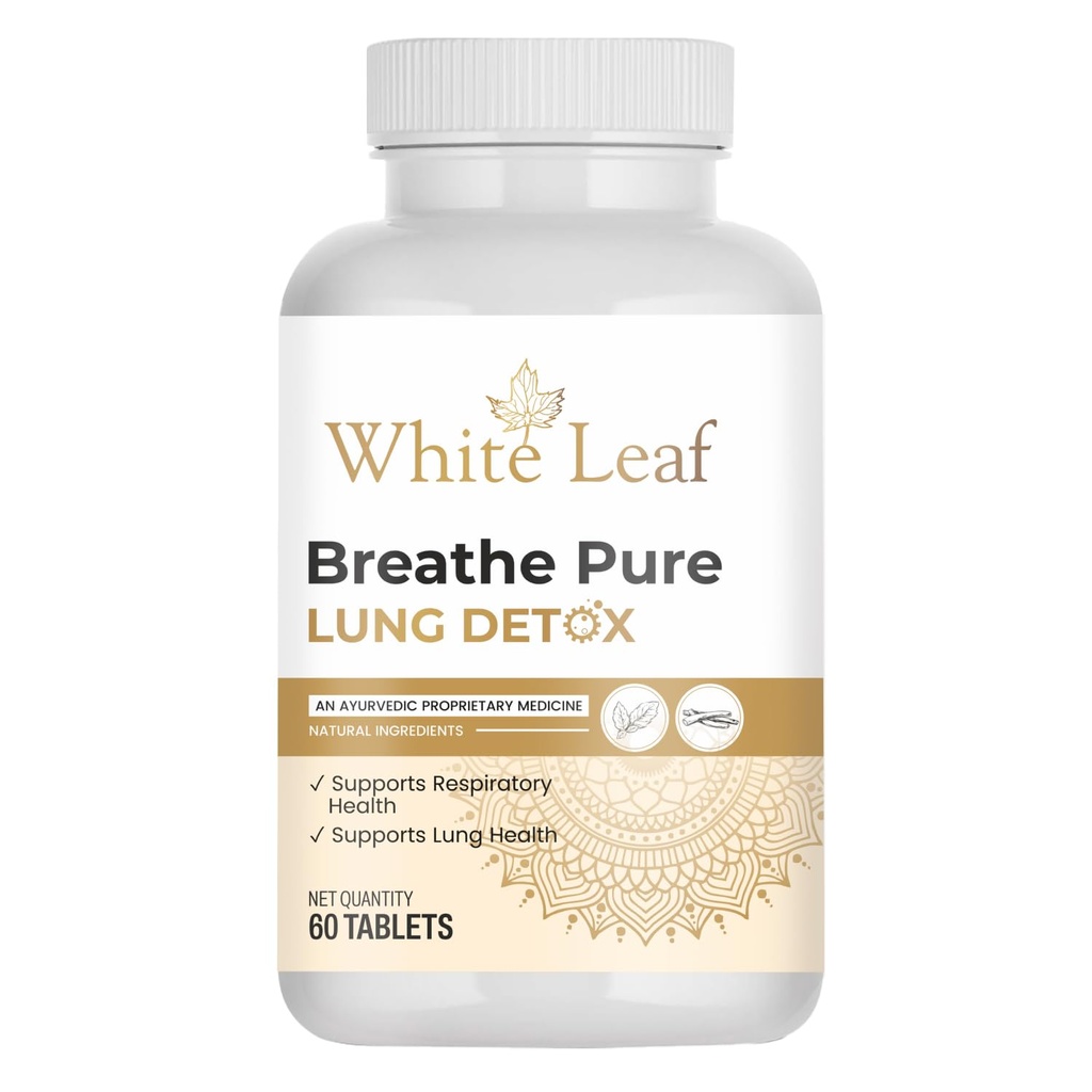 White Leaf Ayurvedic Breathe Pure Lung Detox Tablets (60 Count) Vegetarian, Herbal Supplement Made with Natural Extracts Tulsi, Mulethi, Vasava, Pippali, & Turmeric| For Lung Cleansing & Detoxification
