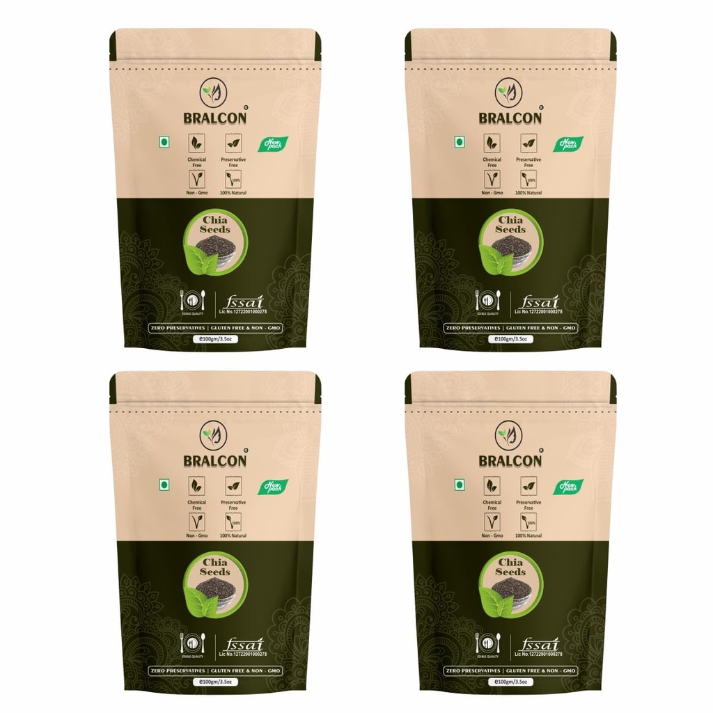 BRALCON Raw Unroasted Natural Chia Seeds - 400g (Pack of 4) | with Omega 3 and Rich in Fiber, Calcium & Protein for Weight Loss Management | Anti Oxidant | Healthy Superfood