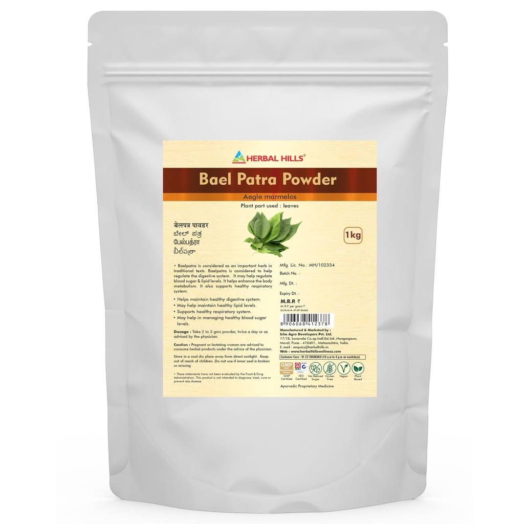 Herbal Hills Baelpatra Powder (1kg Pack) | Supports Gut Health & Digestive Wellness | Bael Patra Churna For Diarrhea & IBS Support With Aegle Marmelos Leaf