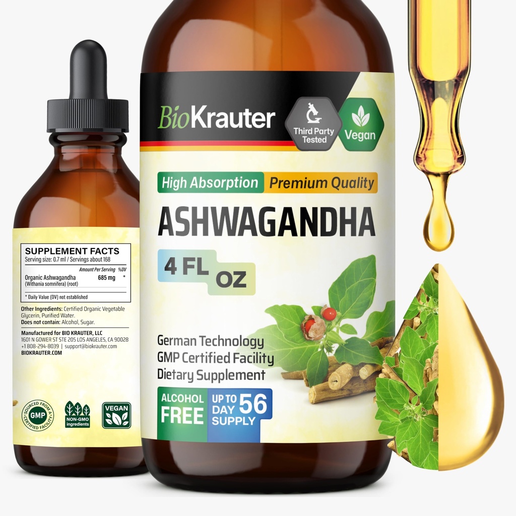 BIO KRAUTER Ashwagandha gouttes liquides - Suppléments Ashwagandha pour le calme - Vegan Mood gouttes de soutien - sans alcool et sans sucre - 4 Fl.Oz.