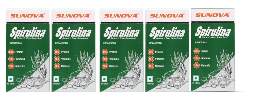 Sunova Organic Spirulina Tablets Natures Own Superfood And Nutritional Supplement,Spirulina And Blue-green Algae For Full Body Support,60 Tablets X Pack Of 5.