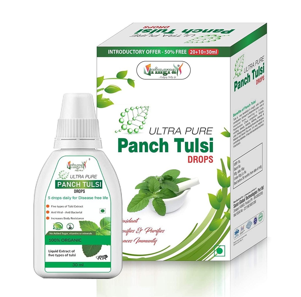 Tulsi Drops – Natural 5 Types of Holy Basil Liquid - Tulsi Leaves Drops - Tulsi Ras (30ml)