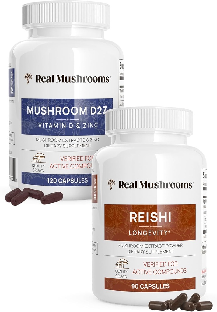 Real Paddestoelen Vitamine D2, Zink (120ct) en Reishi 415 (90ct) Bundel met Chaga - Natuurlijke ondersteuning voor Immuniteit, Betere Slaap en Ontspannen - Veganistisch, Glutenvrij, Niet-GMO, Biologische Paddestoelen Extracten