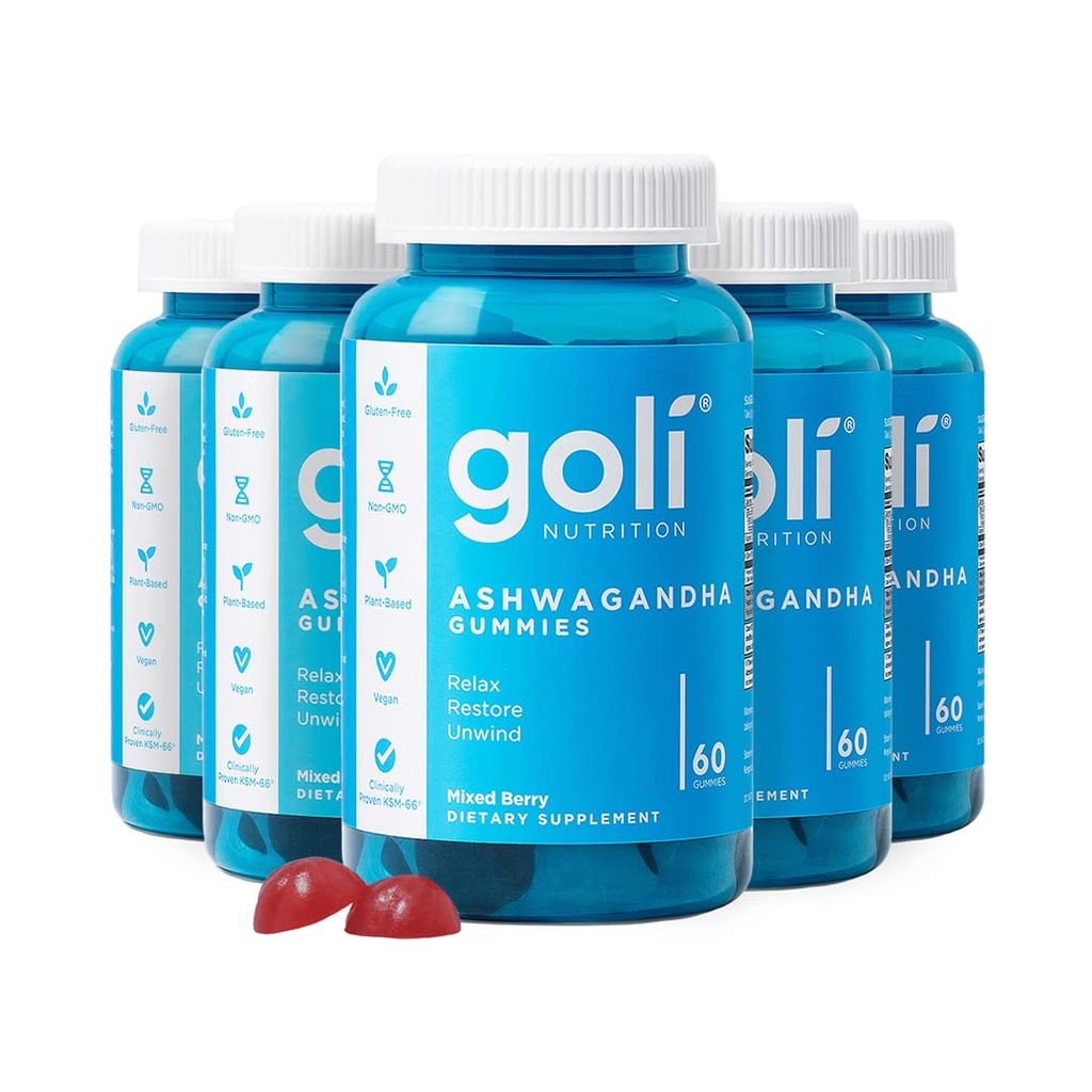 Goli Ashwagandha & Vitamin D Gummy - 300 Count - Mixed Berry, KSM-66, Vegan, Plant Based, Non-GMO, Glutenvrije & Gelatine Free Relax. Herstellen. Ontspan, verpakking van 5