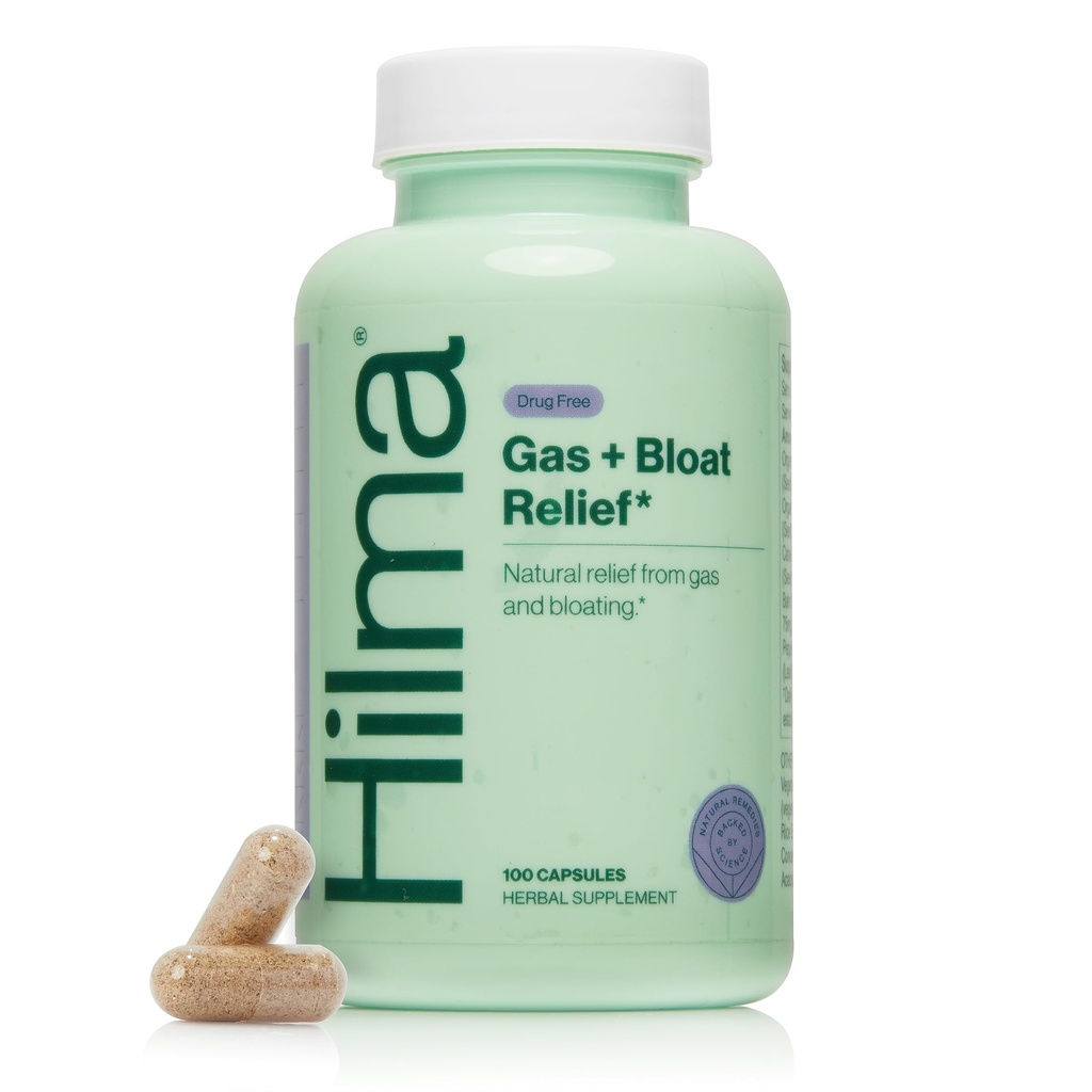 Hilma Natural Gas and Bloating Relief with Lemon Balm, Fennel & Peppermint Leaf, Doctor Formated with Organic Ingredients, 100 Vegan Capsules