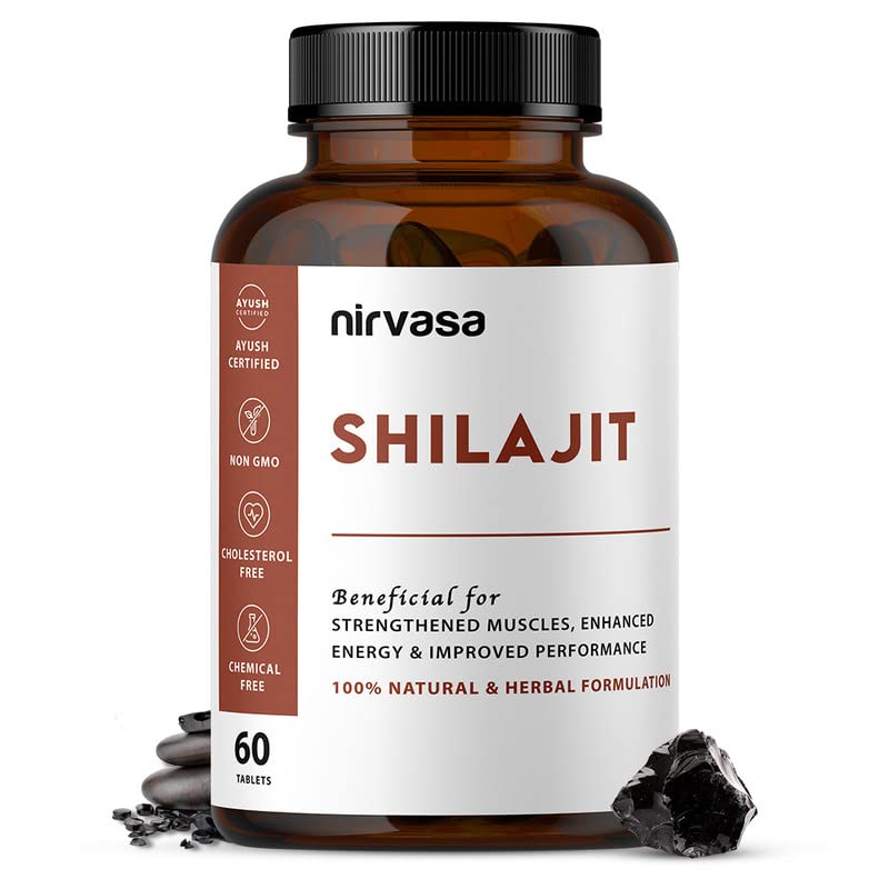 Nirvasa Shilajit Tablets (500mg, 60 Tab) | Pure Himalayan Shilajeet Extract | Supports Muscle Strength, Stamina, Endurance & Energy | Improves Performance, Vitality & Immunity | Men & Women– Pack of 1