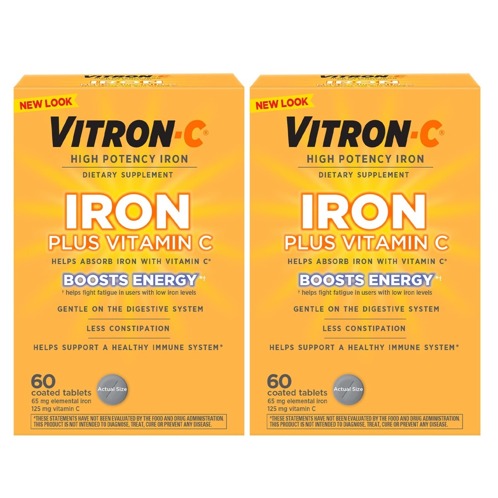 Vitron-C ijzersupplement, eenmaal daags, High Potency Iron Plus Vitamine C, ondersteuning Red Blood Cell Productie, Dye Free Tablets, 60 Telling, 2 Pack