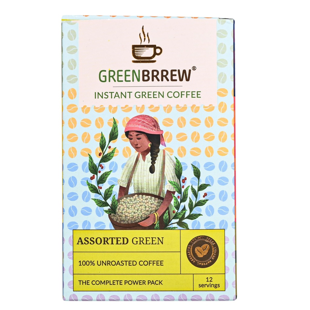 Greenbrrew Assorted Green Coffee | Decaf & Unroasted Coffee | 6 Different Flavours for Every Mood in 1 Pack | 12 Servings, 36g