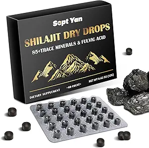 Shilajit Pure Himalaya Organic Dry Drops Shilajit Resin Supplement (60 tabletten - 200 mg Elk), Shilajit voor mannen Vrouwen met 85+ Trace Minerals & Fulvic Acid for Energy, Immunity, Brain Support