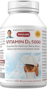 ANDREW LESSMAN Vitamine D3 5000 IE 60 Capsules - Hoge sterkte, essentieel voor Calcium Absorptie, Ondersteunt botgezondheid, gezonde spierfunctie, immuunsysteem, Meer. Klein Makkelijk doorslikken Capsules
