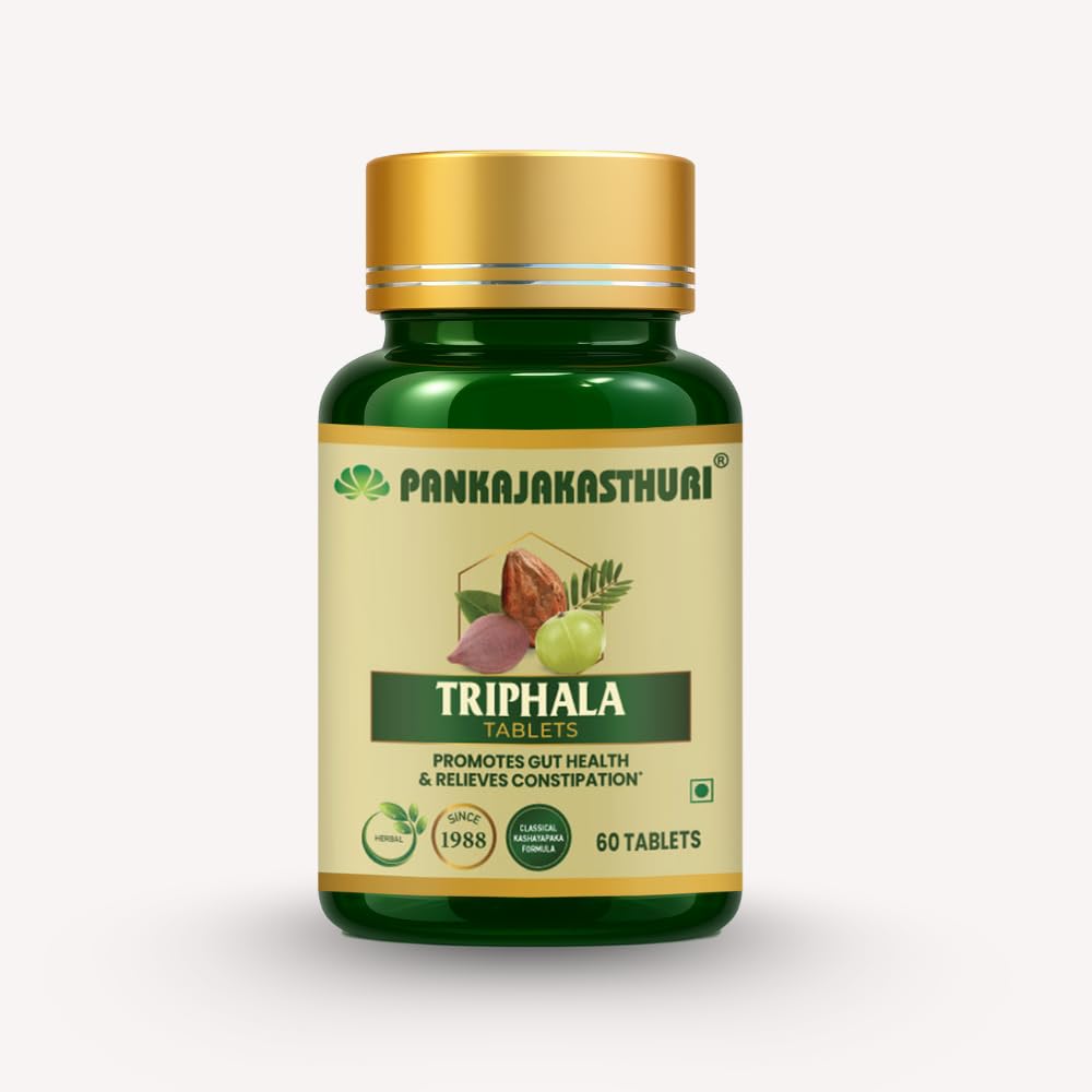 Pankajakasthuri Triphala Tablets for Digestive Health and Detoxification, 60 Tablets, with Amla, Bibhitaki and Haritaki, Plant-Based