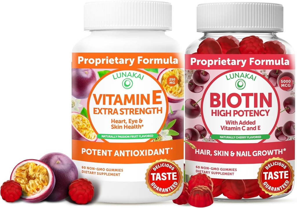 Lunakai Vitamine E en Biotin Gummies Bundle - 3000 mcg Gummies voor volwassenen Energie Ondersteuning en Bone Health - Vitaminen voor haar, huid en jeugdige verschijning