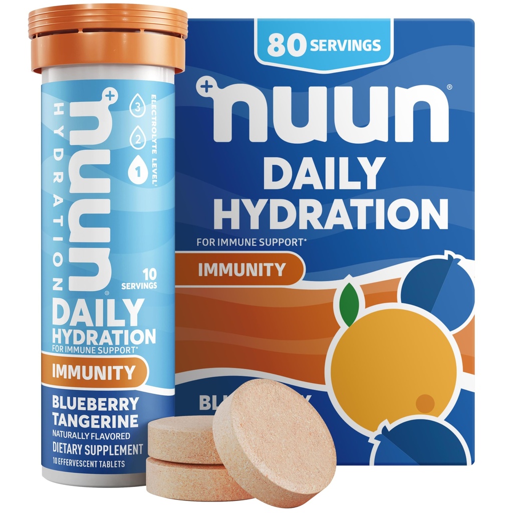 Nuun Immunity Electrolyte Tablets with Vitamin D, C, E, & A, Ginger, Elderberry, Magnesium & 4 Other Essential Electrolytes, Vegan, Blueberry Tangerine, 8 Pack (80 Servings Total)