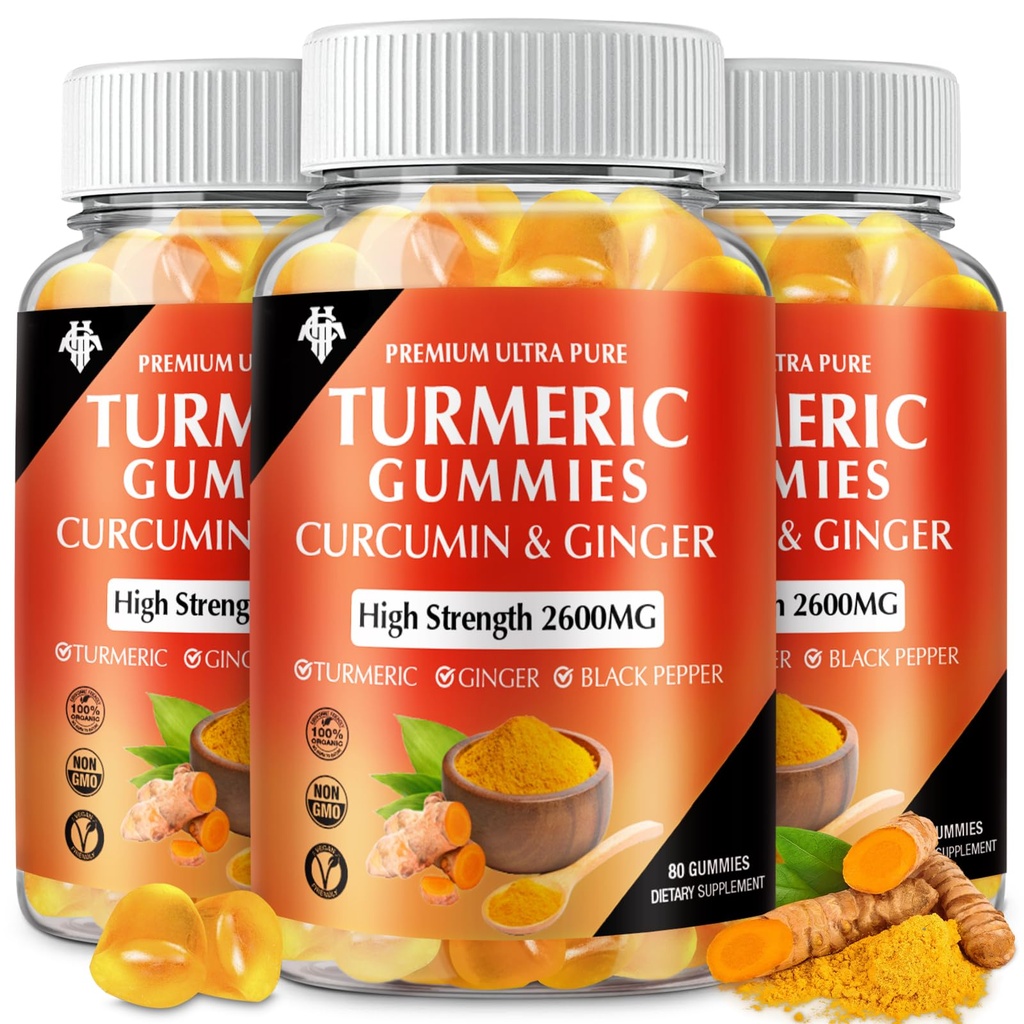 Kurkuma Curcumin Gummies (3 Pack) - Kurkuma Curcumin Supplementen met Gember & Black Pepper Gummies voor Immune Muscle Support Gezonde Huid - Veganistisch, Glutenvrij, Lage Suiker - voor volwassenen