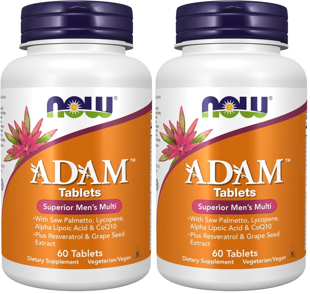 NOW Supplementen, ADAMTM Mannen Multivitamine met Saw Palmetto, Lycopeen, Alpha Lipoic Acid en CoQ10, Plus Natural Resveratrol & Grape Seed Extract, 60 tabletten (verpakking van 2)