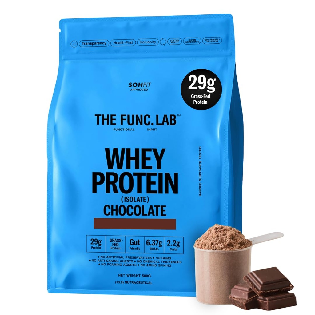 The Func. Lab Whey Protein Isolate - Chocolate Flavour | 500g | Grass‑Fed, 29g Protein, 6.37g BCAA per Scoop | High Protein Supplement for Muscle Growth, Digestion and Absorption Support