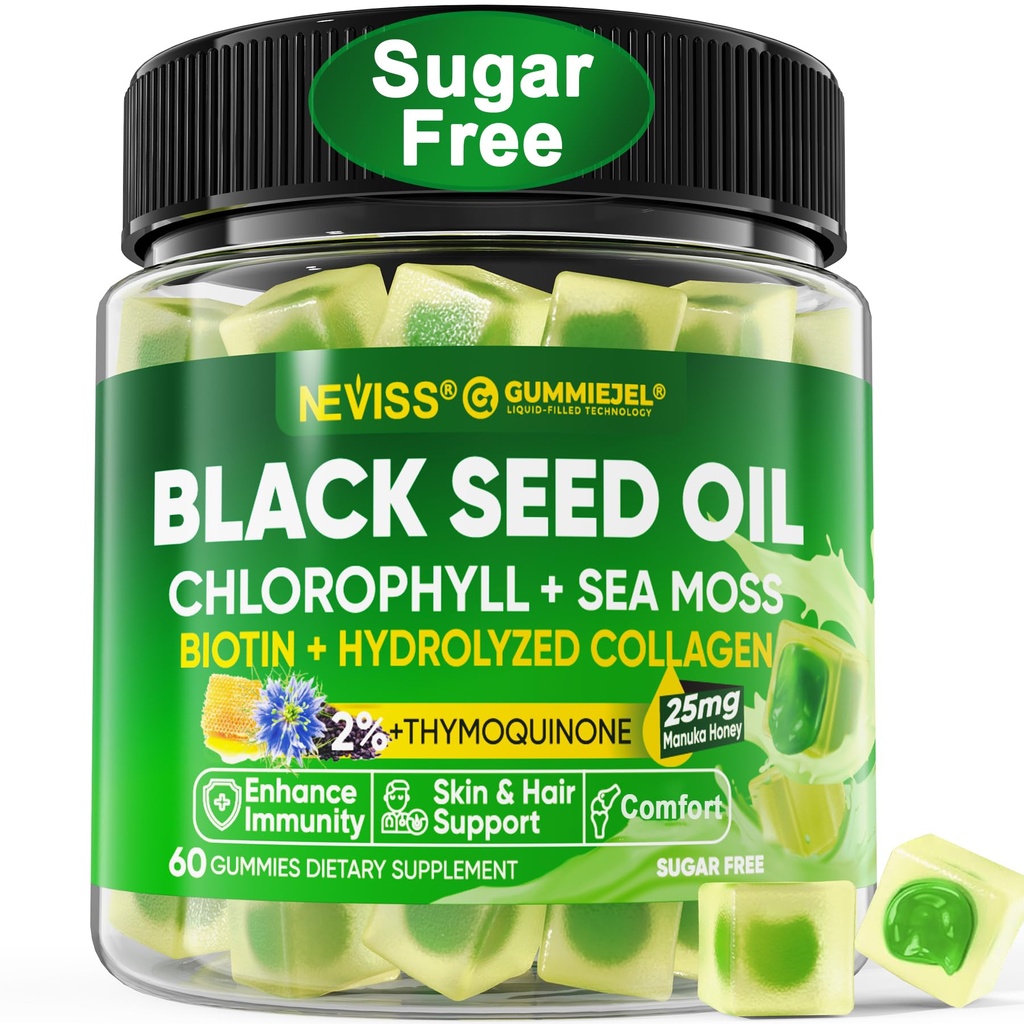 Huile de graines noires Gummies, Chlorophylle et supplément de mousse de mer 500mg, Biotine 500mcg avec collagène hydrolysé pour la peau, les cheveux et les ongles, Vit E, C, Zinc pour la santé globale, Cold pressed biologique, haute absorption