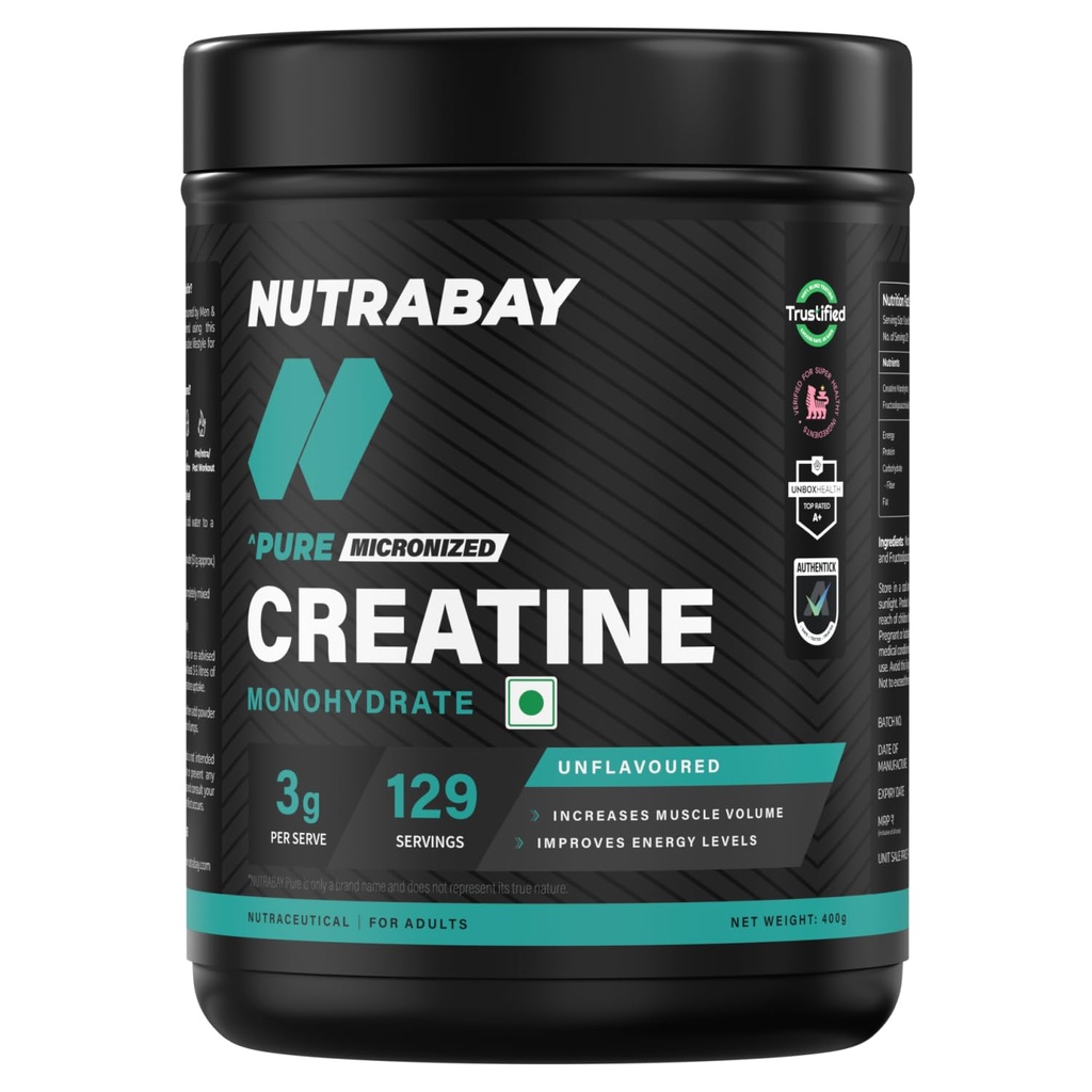 Nutrabay Pure Micronized Creatine Monohydrate Powder - 400g, 129 Servings, Unflavoured | Trustified Certified | DCD & DHT Tested | Quick Absorption | Superior Muscle Strength and Recovery