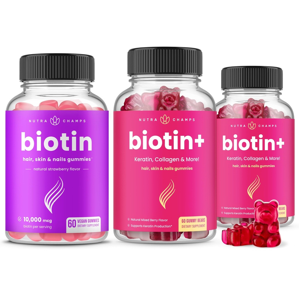 NutraChamps Ensemble complet de biotine pour cheveux, peau et ongles. Biotine & Biotine+