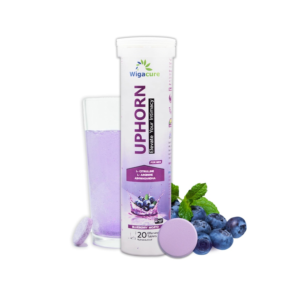 UPHORN Men's Wellness Effervescent Tablets | L-Arginine & Ashwagandha | Energy, Vitality & Stamina Support | Sugar Free | Blueberry Mojito Flavour | 20 Tablets per Tube