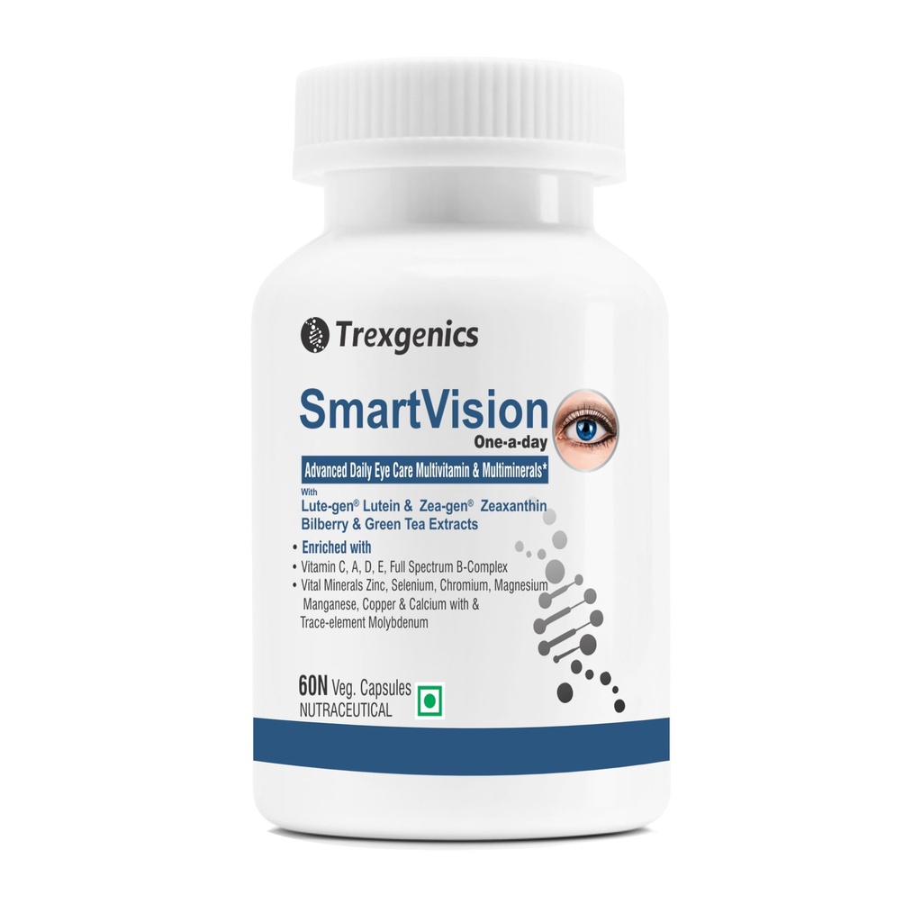 Trexgenics Smartvision Advanced Eye Care Multivitamin with Lutein, Zeaxanthin, Bilberry, Green Tea, Vitamin A, d, e, c, B-Complex and Minerals One-a-Day Formula for Digital Age -60 Veg. Capsules