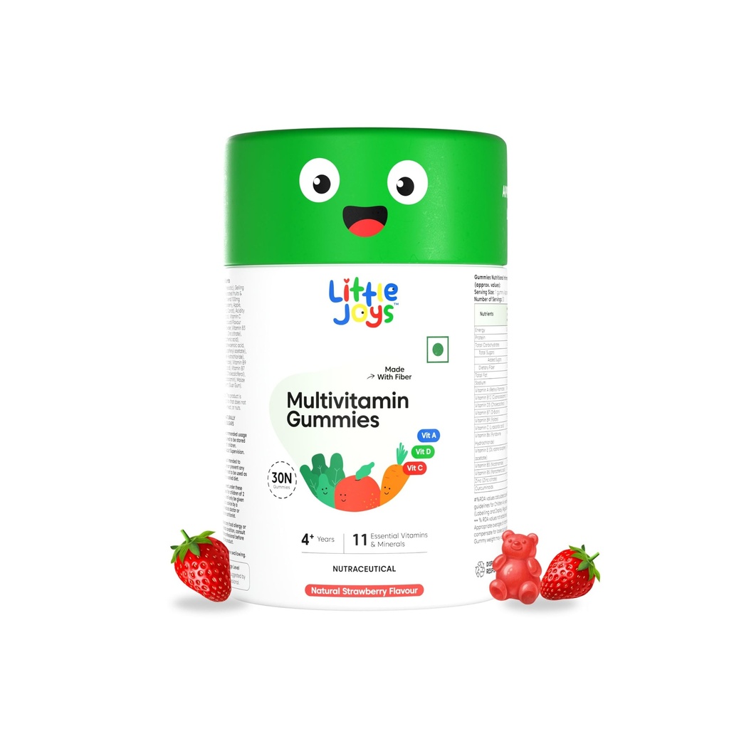 Little Joys Multivitamin Gummies for Kids | 4-6 Years | 30 Gummies | With 11 Vitamins & Minerals | Supports Immunity, Bone health & Antibody Production | No Added Sugar | Strawberry Flavour