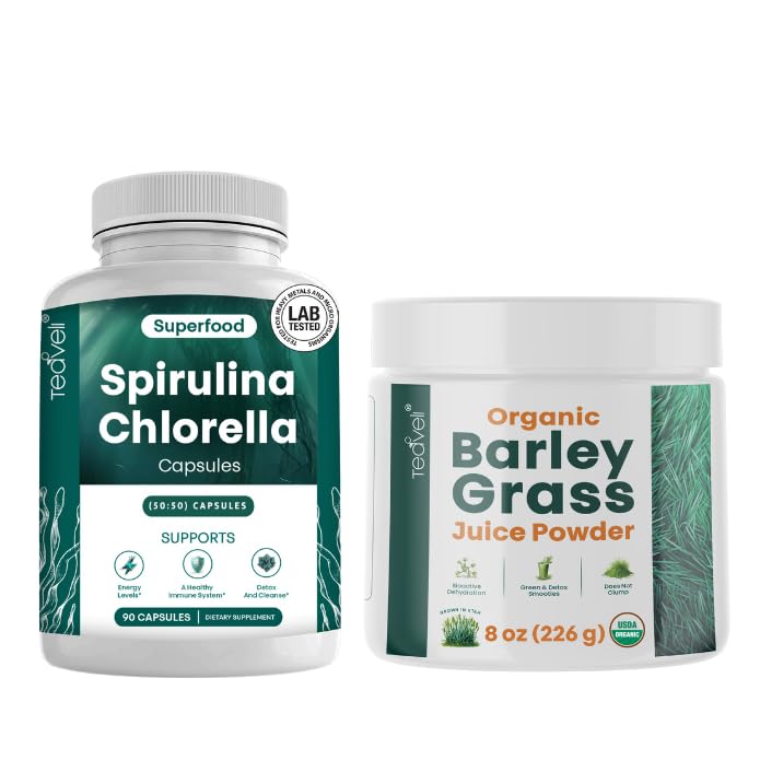 Teaveli Spirulina en Chlorella Capsules en Orgaic Barley Grass Juice Powder Bundle