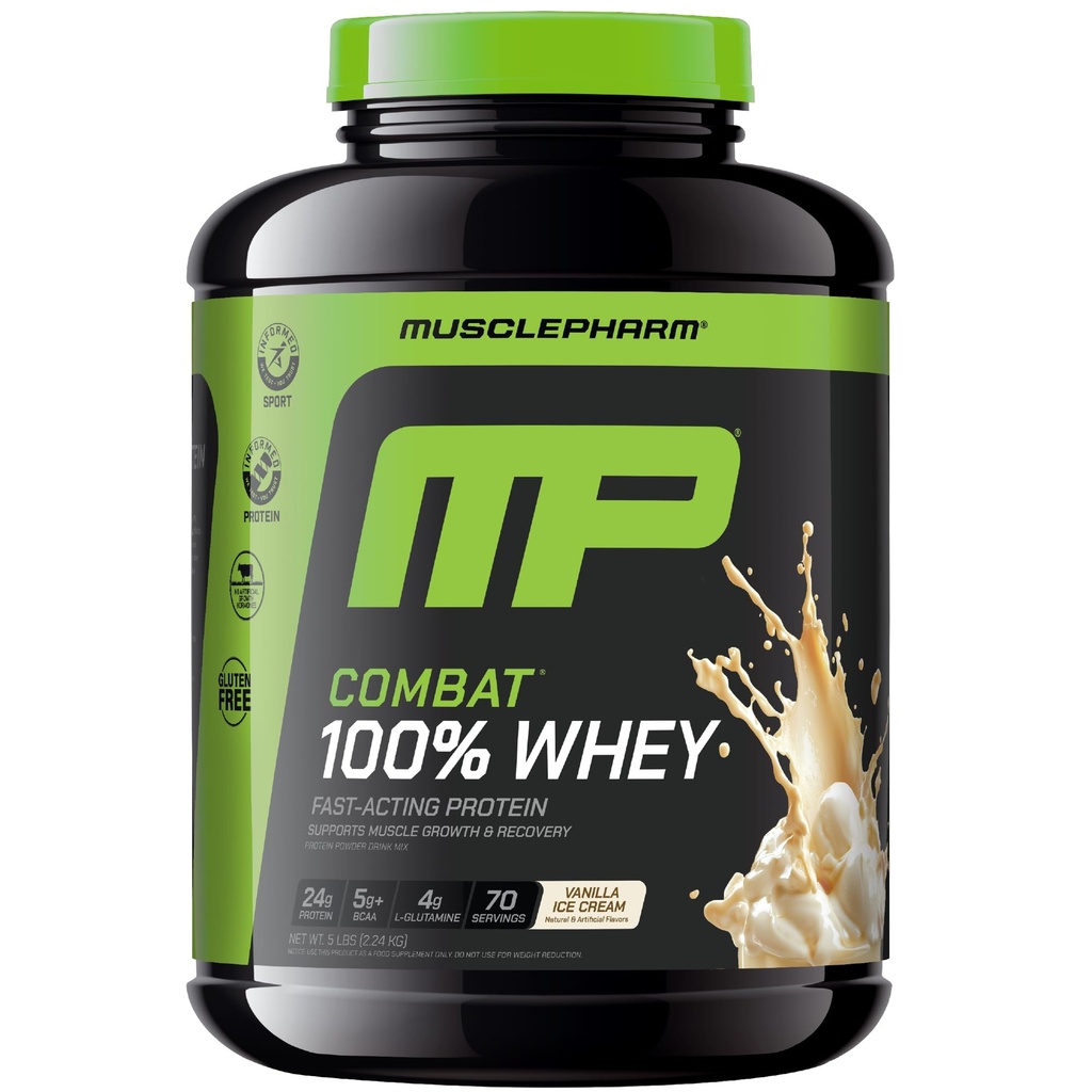 MusclePharm Combat 100% Wei Proteïne Poeder, Vanille Smaak, Snelle Herstel & Spier Gain met Wei Proteïne Isolaat, Hoog Proteïne Poeder voor Vrouwen & Mannen, Glutenvrij, 5 lb, 70 Servers
