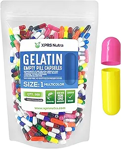 XPRS Nutra Taille 1 Capsules vides - 500 Compte Capsules de gélatine vides - Remplissage de la capsule de bricolage - Gel de pilules pures pour les suppléments Do-It-Youlf (Multi Color)