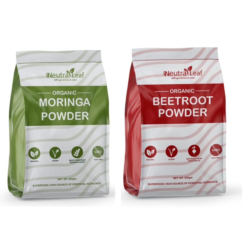 NeutraLeaf Organic Moringa Powder 200g + Beetroot Powder 200g Combo for Men & Women | 100% Pure Superfood | Supports Immunity, Energy, Digestion, Heart Health | 67 Servings Each Pack