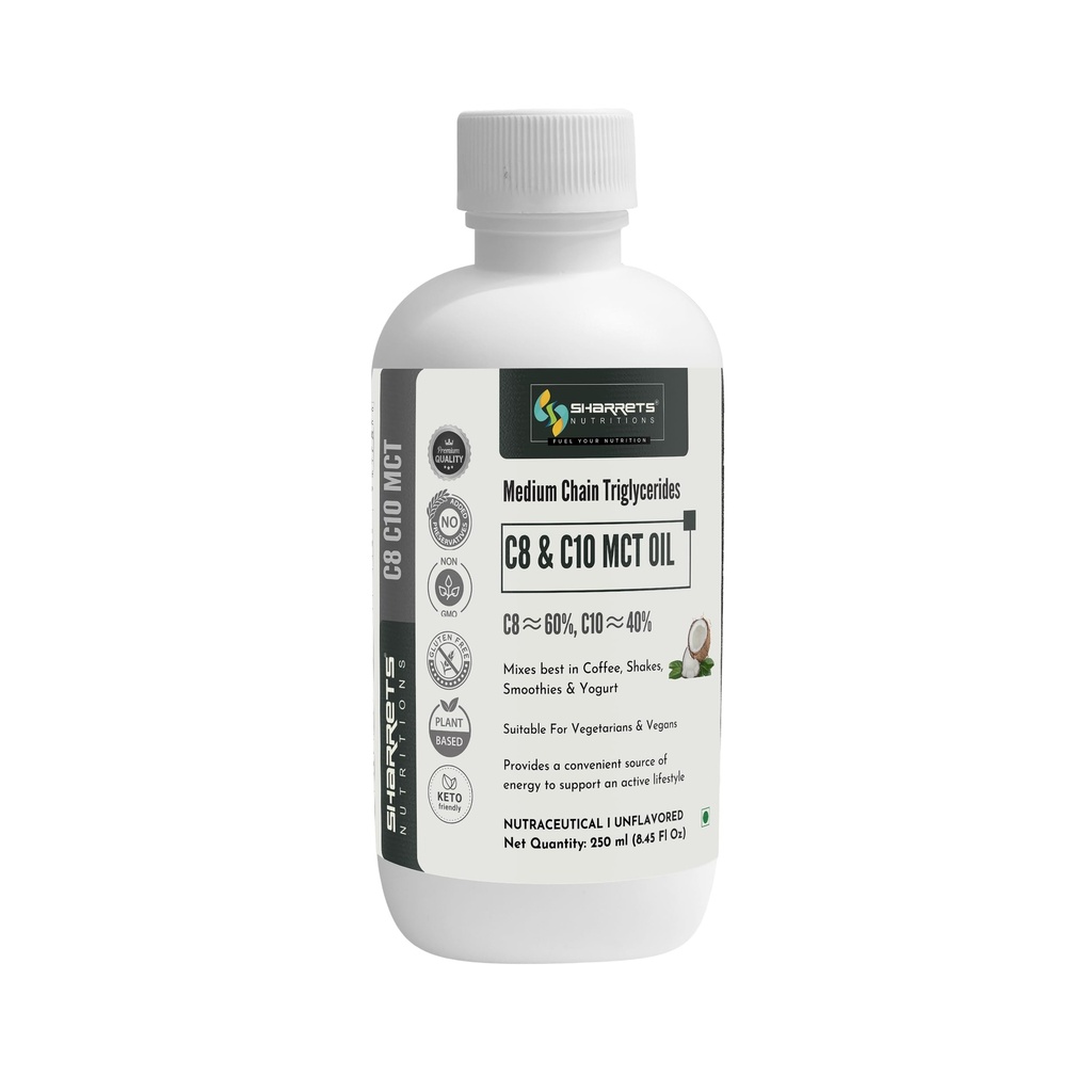 Sharrets C8 C10 MCT Oil 250ml - Pure Medium Chain Triglycerides for Radiant Skin, Lustrous Hair, and Health & Wellness (Dietary & Topical Use).