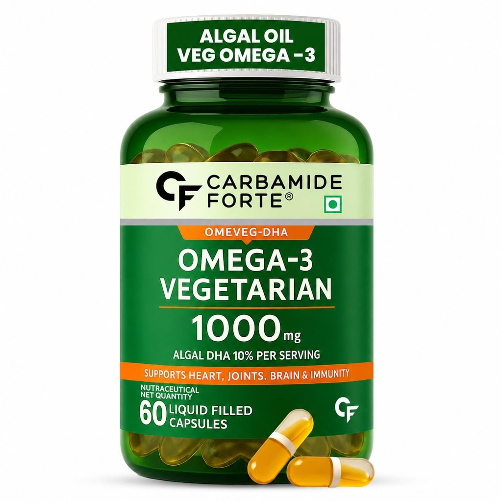 Carbamide Forte Veg Omega3 1000mg | Veg DHA | Vegetarian Omega 3 | Algal DHA | Plant Based | No Fish oil Used Capsules for Men & Women- 60 Veg Capsules