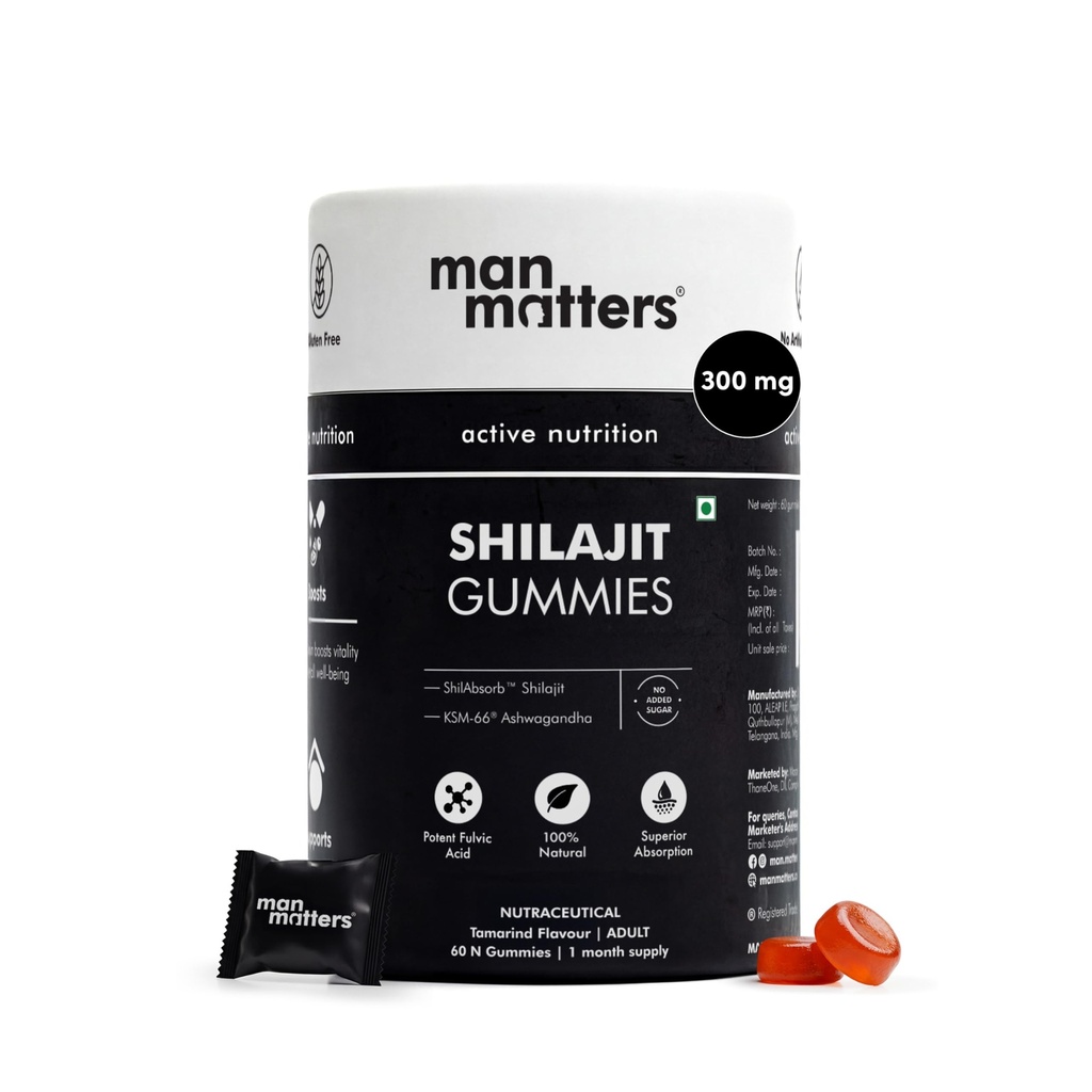 Man Matters Pure Shilajit/Shilajeet Gummies with Lab-Tested Fulvic Acid & KSM 66 Ashwagandha | Boosts Fitness, Improves Energy Levels & Helps Manage Stress | Pack of 60