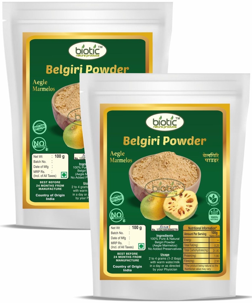 Biotic Natural Belgiri Powder - Aegle Marmelos - Bealgiri Powder - Bael Phal Dry Powder - Bel Churn - Wood Apple - 200 gm