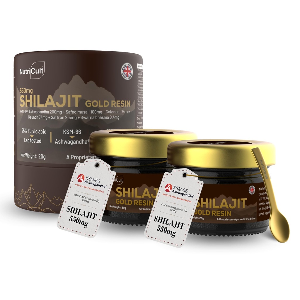 Shilajit Gold Resin For Men & Women | With KSM-66 Ashwagandha, Safed Musli, Gokshura & Saffron | Shilajit For Men | Supports Muscle Recovery, Energy, Stamina, Vitality | 40 Gram (Pack of 2)