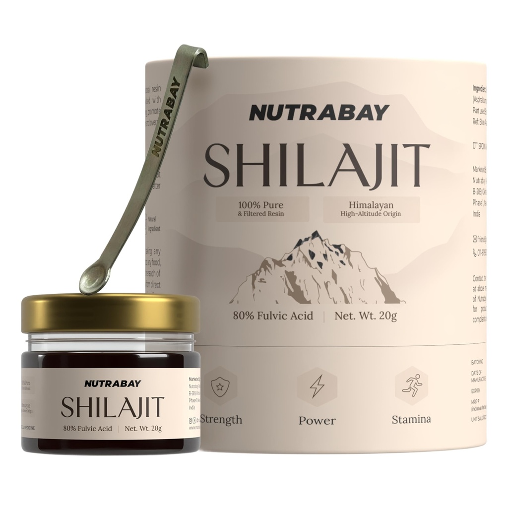 Nutrabay Shudh Himalayan Shilajit Resin from High Altitude – Extracted Using Water – Strength, Stamina & Power – Premium Ayurvedic Supplement – 20g
