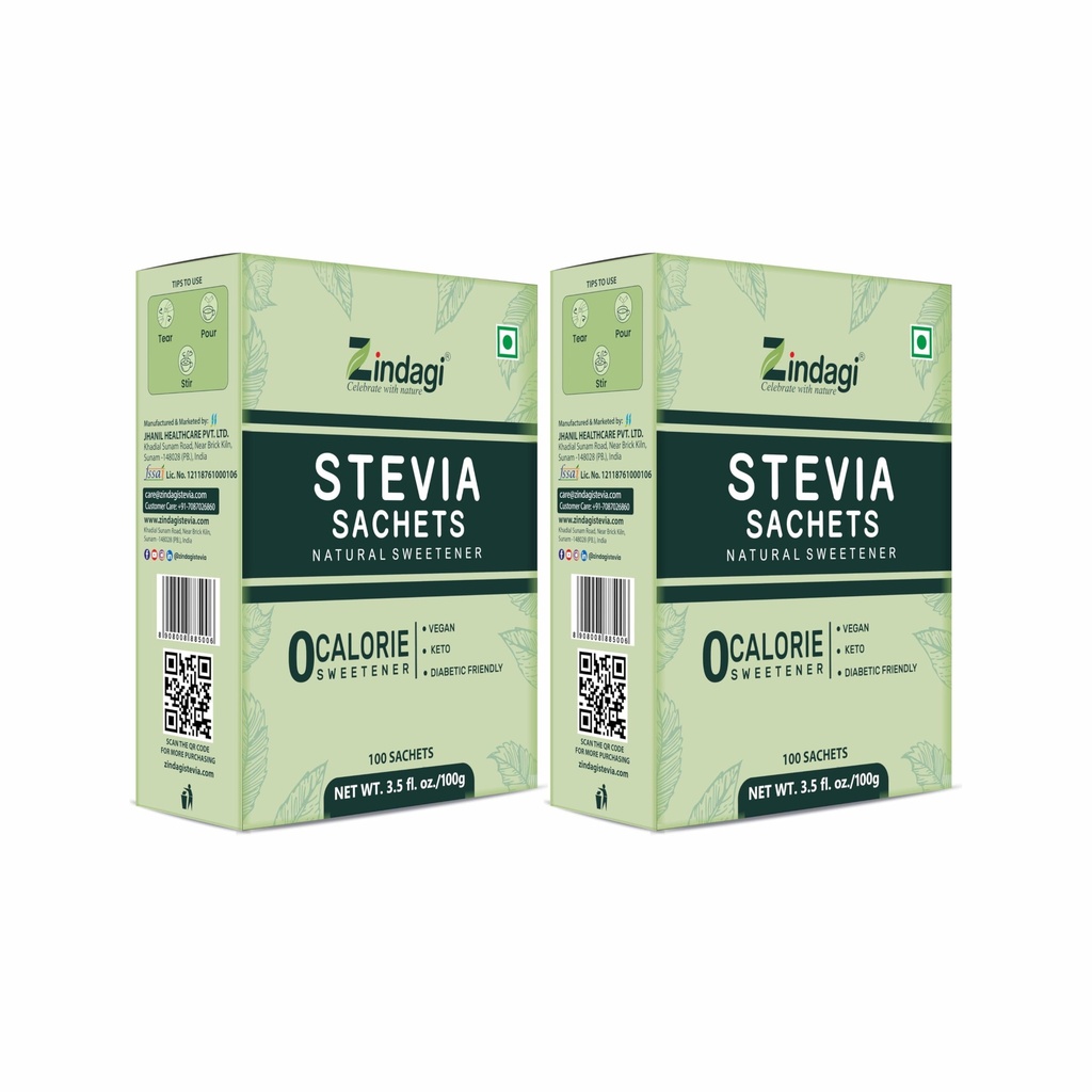 Zindagi Stevia Sugar Sachets | Stevia Plant Based Natural Sweetener | Diabetic Friendly Sweetener | 200 Sachets