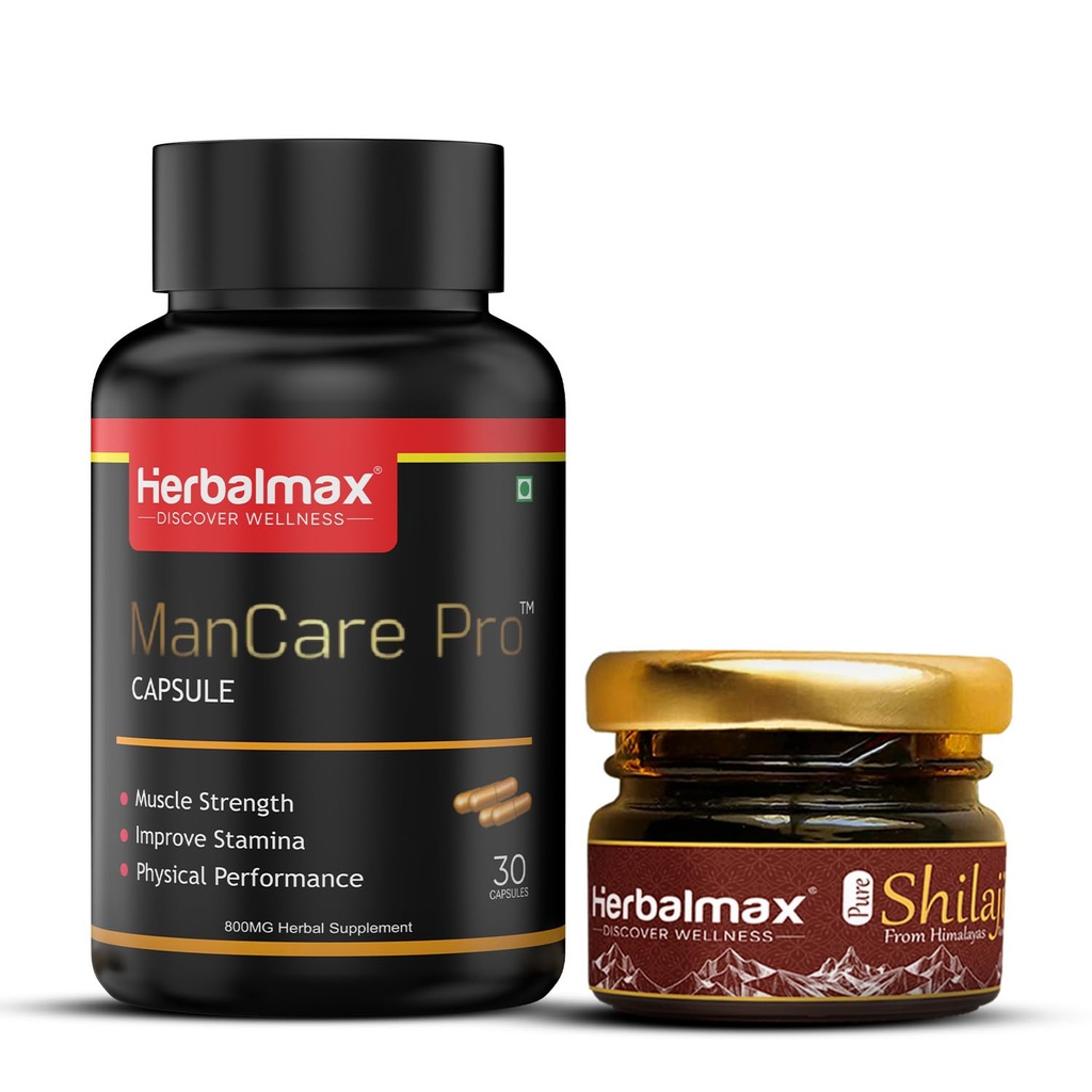 Herbalmax ManCare Pro Capsules with Pure Shilajit Resin | Ayurvedic Men’s Wellness Supplement for Energy, Stamina, Strength & Vitality | Himalayan Shilajit Combo | 30 Capsules + 20g Resin