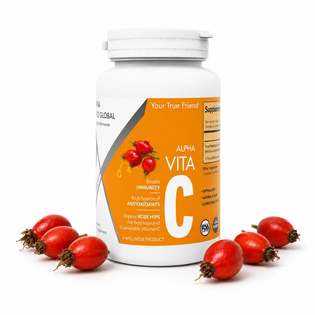 ALPHA MIND GLOBAL Vita C : Vitamin C 1000 Mg Capsule With Pure Organic Rose Hips - Antioxidant & Immune Support - Supports Healthy Skin & Joints-Non Gmo-Fssai Approved - 30 Servings
