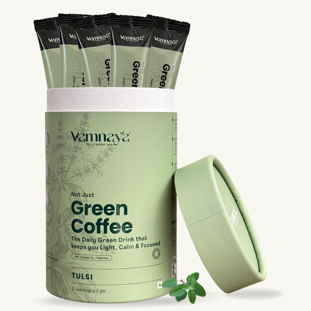 Vamnaya Tulsi Green Coffee | Daily Wellness Drink Powder | 500mg Chlorogenic Acid, L-Theanine, Sunfiber® | Weight Management, Immunity and Focus | No Sweetener | 15 Sachets