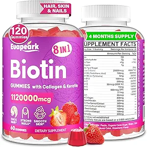 Biotin Gummies voor vrouwen en mannen, 8 in 1 biologische formule, Max Strength Biotin en Collageen Gummies met keratine, foliumzuur en vitaminen, voor haargroei, huid en nagels supplement, suikervrij,120 Tel.