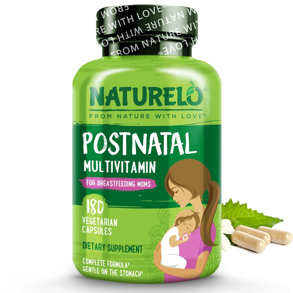 NATURELO Multivitamine postnatale - Supplément pour les femmes qui allaitent - Vitamine D à base de plantes, Folate, Fer doux - pour mère allaitante, bébé - Soutien postnatal d'allaitement 180 capsules