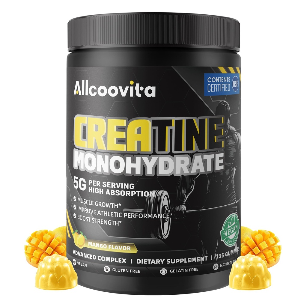 Creatine Monohydrate Gummies, NSF Certified, 5g Dose for Men & Women to Support Muscle, Strength, Recovery, Cognitive Health & Memory, Mango Flavor, 135 Gummies