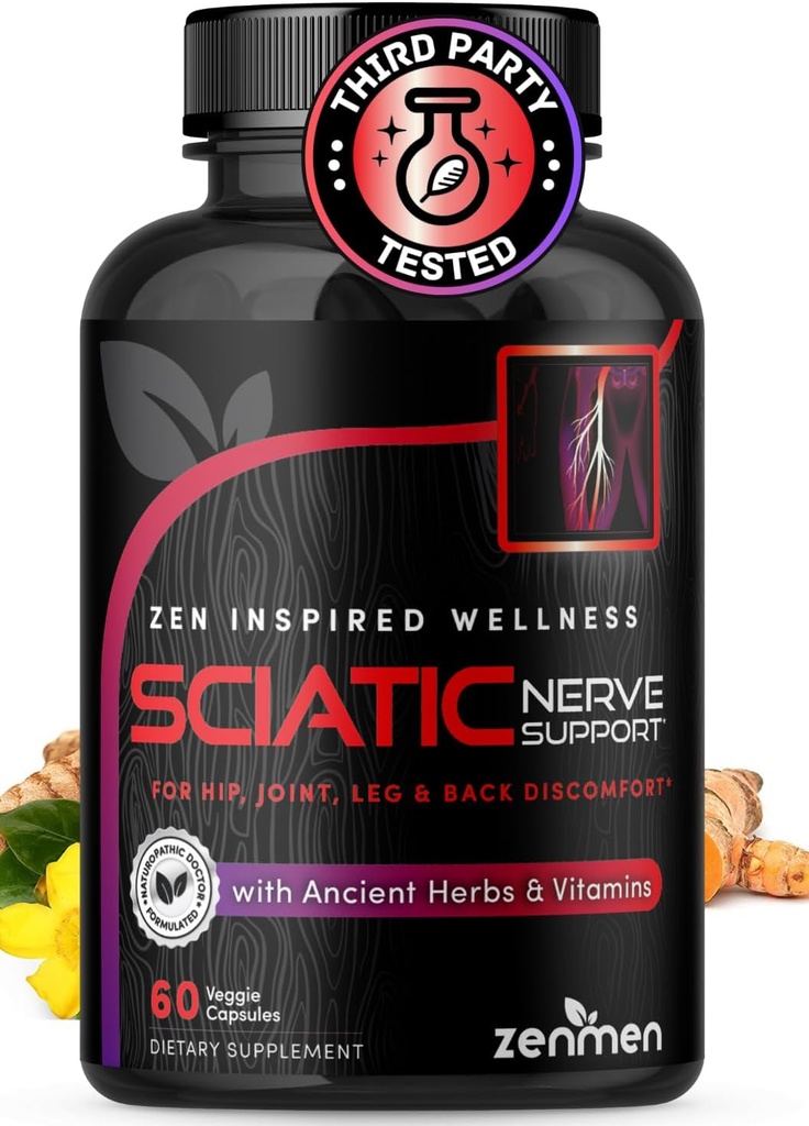 Capsules de soutien aux nerfs sciatiques - Gérer les problèmes du bas du dos, des articulations et des jambes - Vitamines B1, B6, B12 & Magnésium avec des herbes naturelles - 60 Capsules Vegan, Testé par une tierce partie, 30 jours d'approvisionnement, Fabriqué aux États-Unis