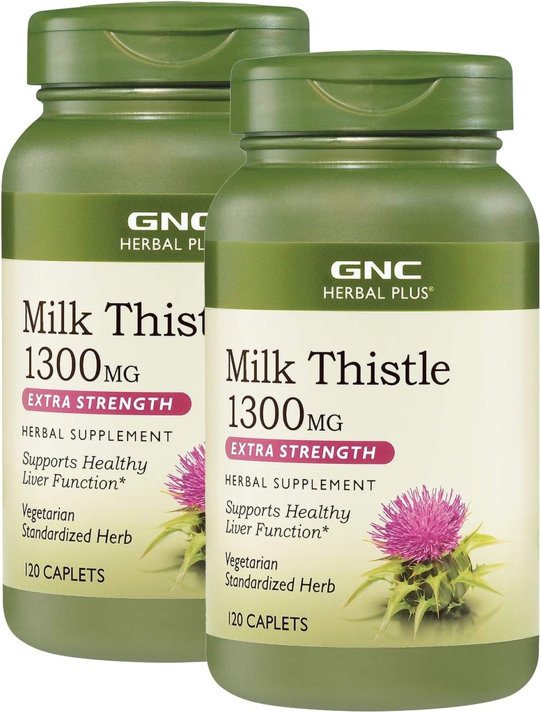 GNC Herbal Plus Milk Thistle 1300mg, Twin Pack, 120 Caplets per fles, Ondersteunt gezonde leverfunctie